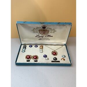 Lady Ellen Interchangeable Magne-GEMS Clip On Earrings & Pendant W Case 1/20 12K